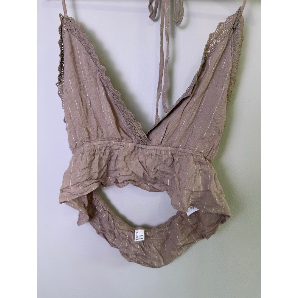 Fairycore Beige Shimmer Halter Crop Top Lace Boho Cottagecore L - Picture 3 of 5
